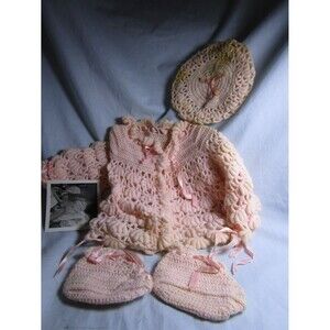 Vintage Pink Crocheted Baby  Outfit-Sweater-Booties-Beret/Handmade